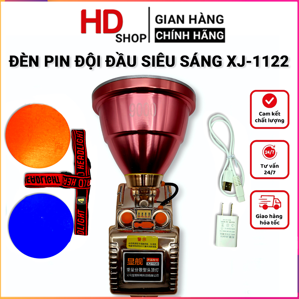 Đèn pin đội đầu siêu sáng XJ-1120 chiếu xa 500m ánh sáng tỏa tích điện 8 - 10h đổi 3 màu tặng kèm dây đeo đầu