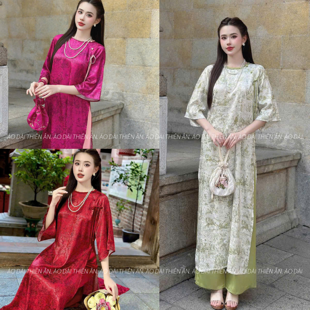 Áo dài cách tân lụa tằm cao cấp cổ tròn tay lỡ phối nơ