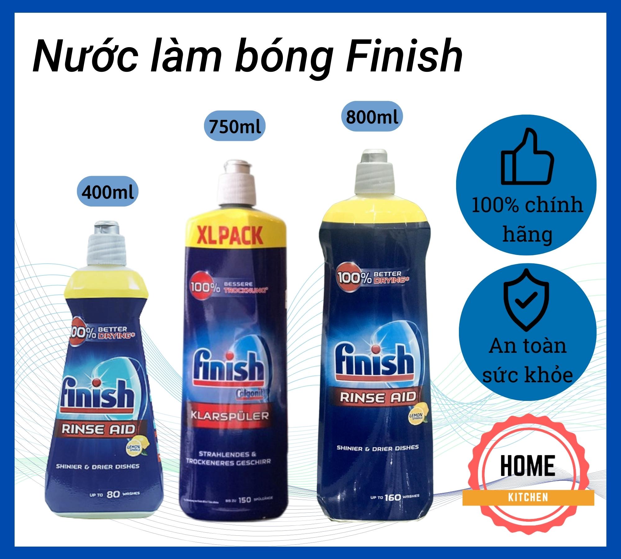 Nước làm bóng máy rửa bát Finish (750ml/800ml), dầu bóng Finish. Bảo vệ - làm bóng bát đĩa, loại bỏ đốm cặn. Sấy khô nhanh và tốt hơn. An toàn sức khỏe