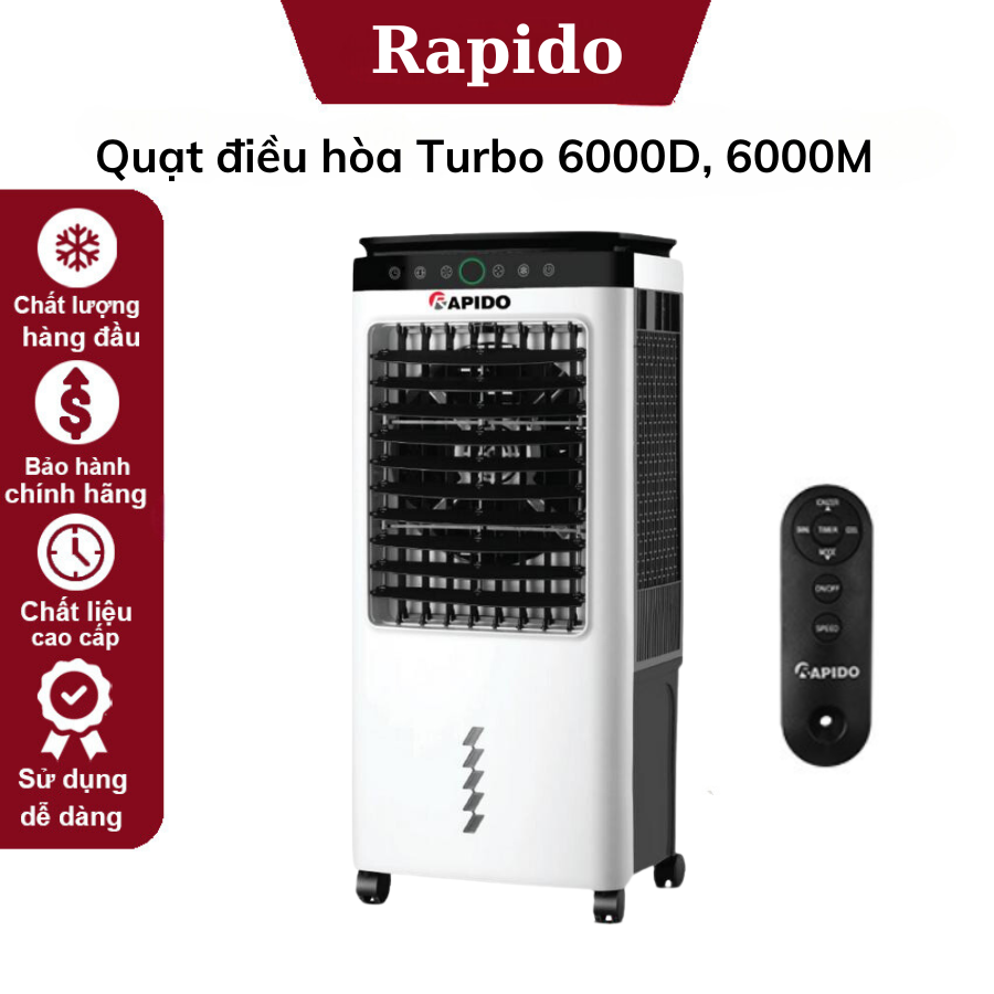 Quạt điều hòa điện tử 45l rapido 6000d, điều khiển từ xa, bảo hành 24 tháng