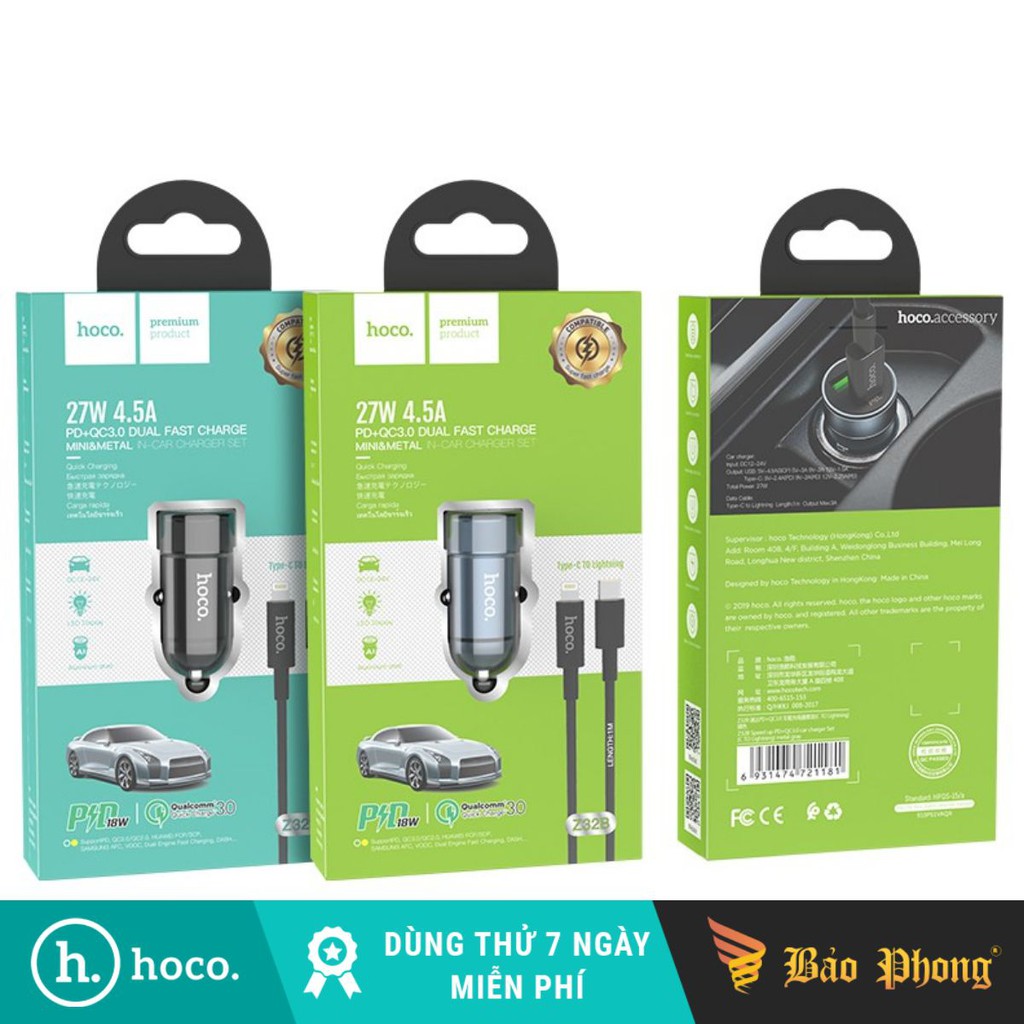 Bộ sạc xe hơi kèm cáp typec to lightning pd- qc3.0 hoco z32b