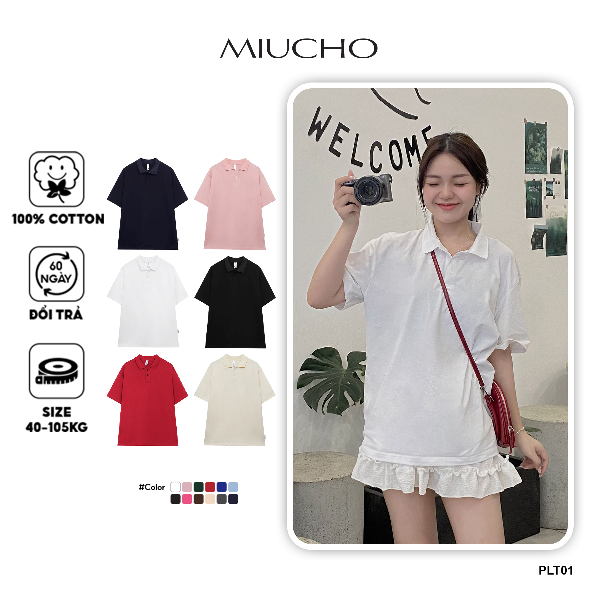 Áo polo trơn form rộng cotton PLT01 Miucho cổ trụ in basic