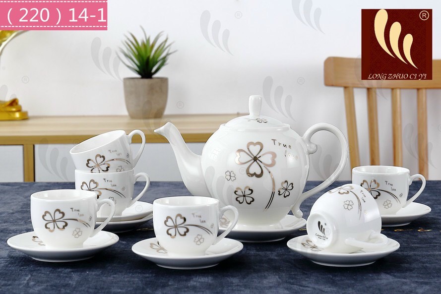 Bộ Ấm Trà Lụa Phong Cách Hàn Quốc Cao Cấp (1 Ấm + 6 Chén + 7 Đĩa Lót Ly). Chất Liệu Sứ Trắng + Hoạ Tiết Tinh Tế