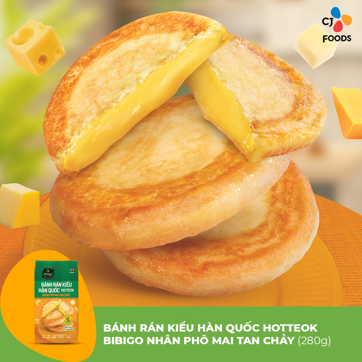 [HCM_HN] Bánh rán Hàn Quốc Hotteok bibigo - nhân Phô mai tan chảy Cheese Mix 280g (4 bánh to nhân đầy)