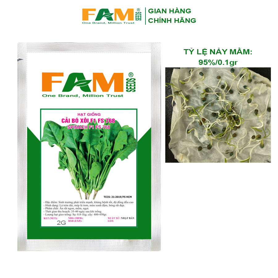 Gói 2gr Hạt Giống Cải Bó Xôi F1 FS 768 FAMSEEDS - Xuất xứ Nhật Bản, Nảy mầm ổn định, Sinh trưởng ổn định, Dinh dưỡng cao