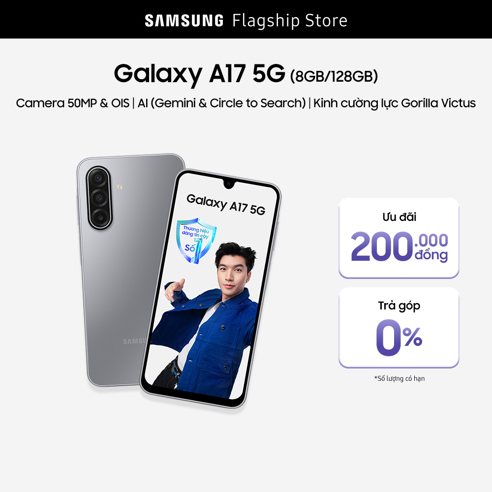 Điện Thoại Samsung Galaxy A17 5G (8/128GB), Kính Cường Lực Gorilla Victus, Camera 50MP & IOS, AI Gemini