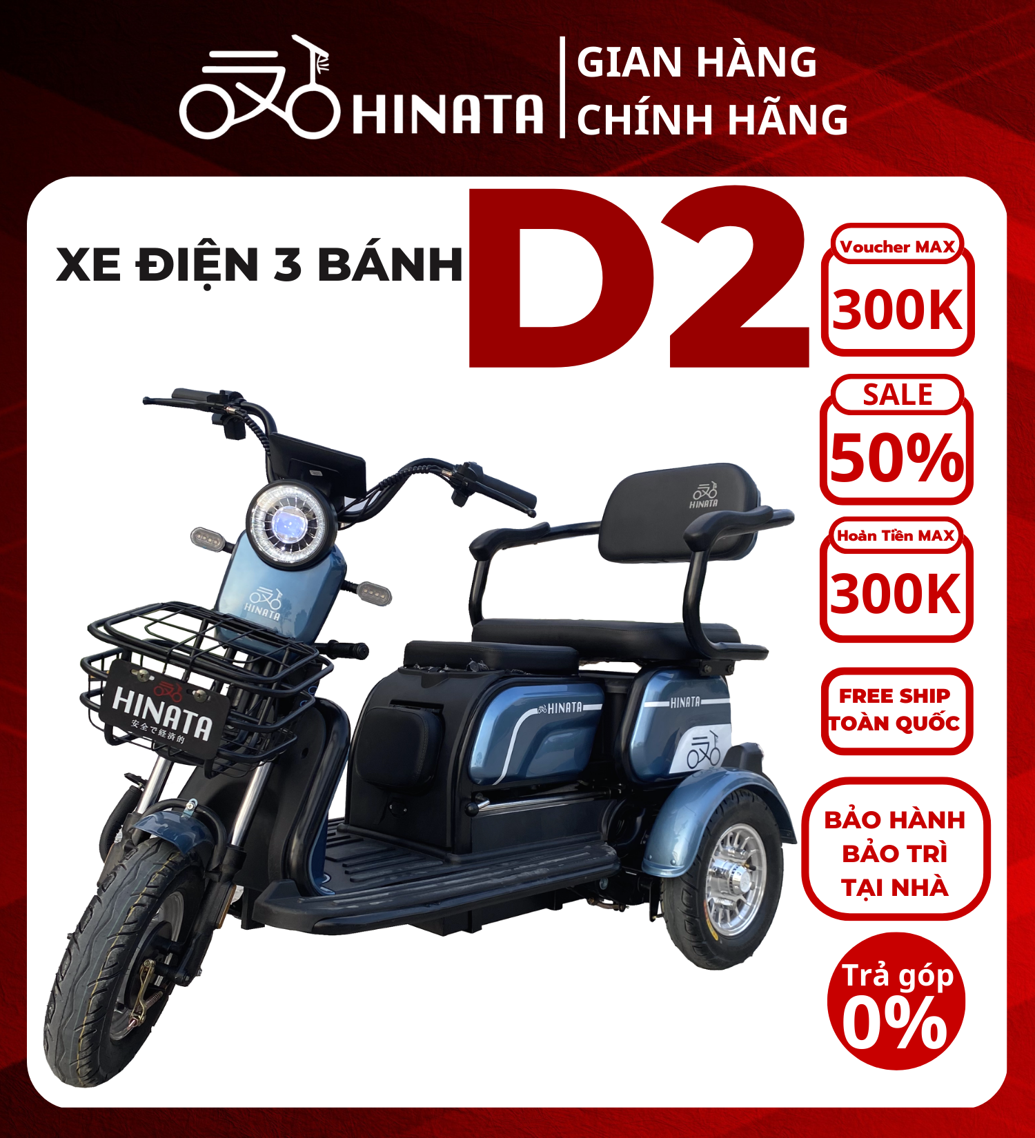 Xe điện 3 bánh HNTVN D2, Xe điện công nghệ Nhật dành cho người lớn tuổi, người khuyết tật, miễn phí giao hàng tận nhà, trả góp 0%