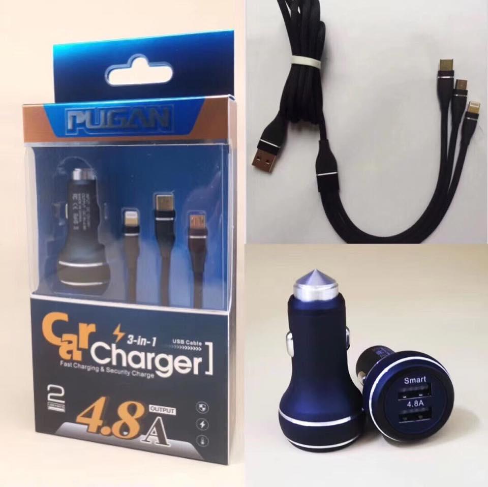 Bộ sạc điện thoại đa năng trên xe hơi, tẩu sạc đa năng 4.8A, tẩu chia usb và dây sạc đa năng trên oto- tặng 1 viên sủi rửa kính