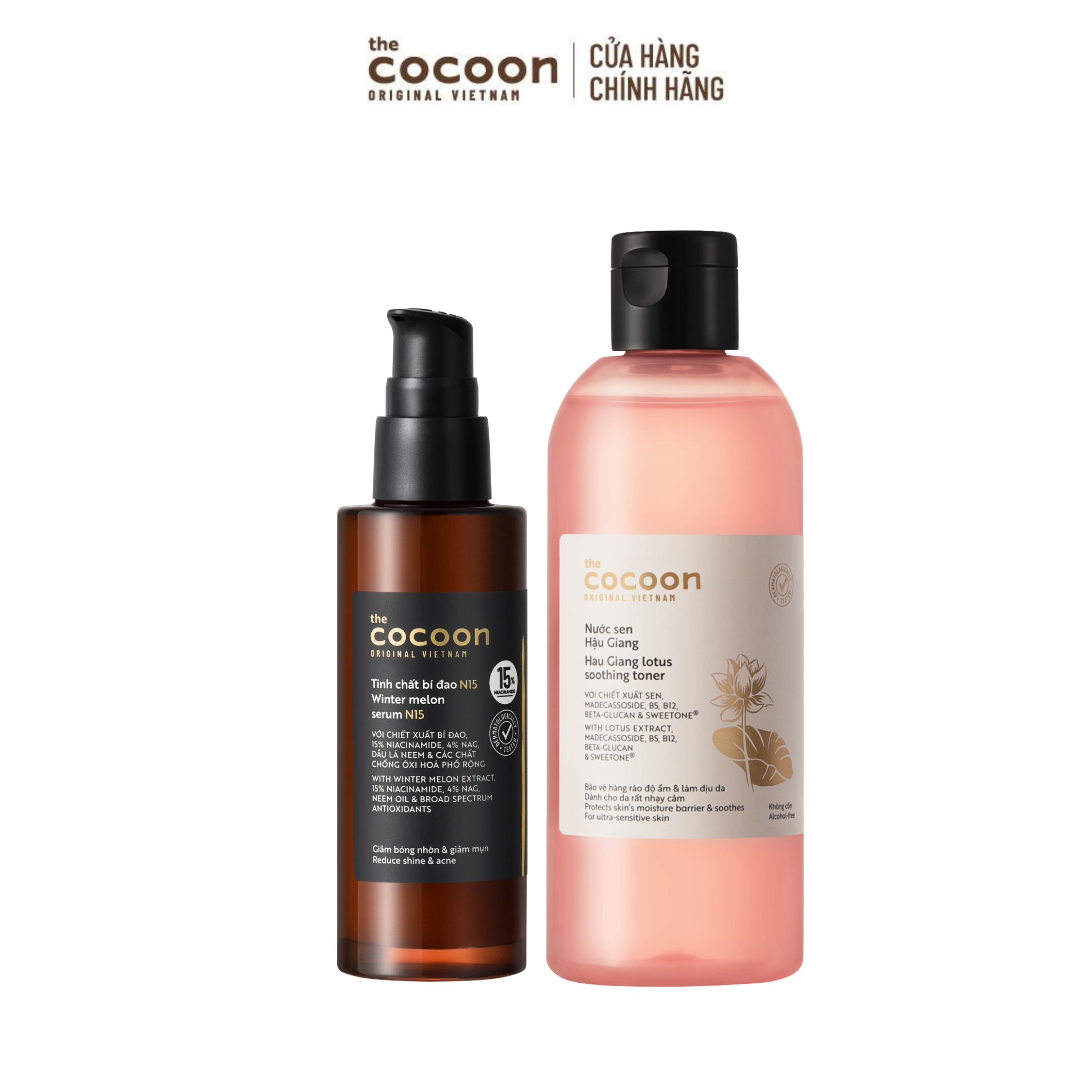 COMBO 1 Tinh chất bí đao N15 - 15% Niacinamide 70ml + 1 Bigsize Nước sen Hậu Giang Cocoon 310ml
