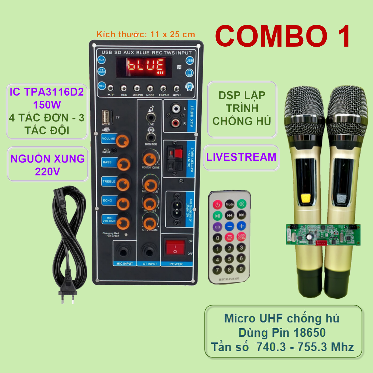 Mạch loa kéo TPA3116D2 150W LIVESTREAM DSP CHỐNG HÚ Kèm Micro mẫu mới 2023