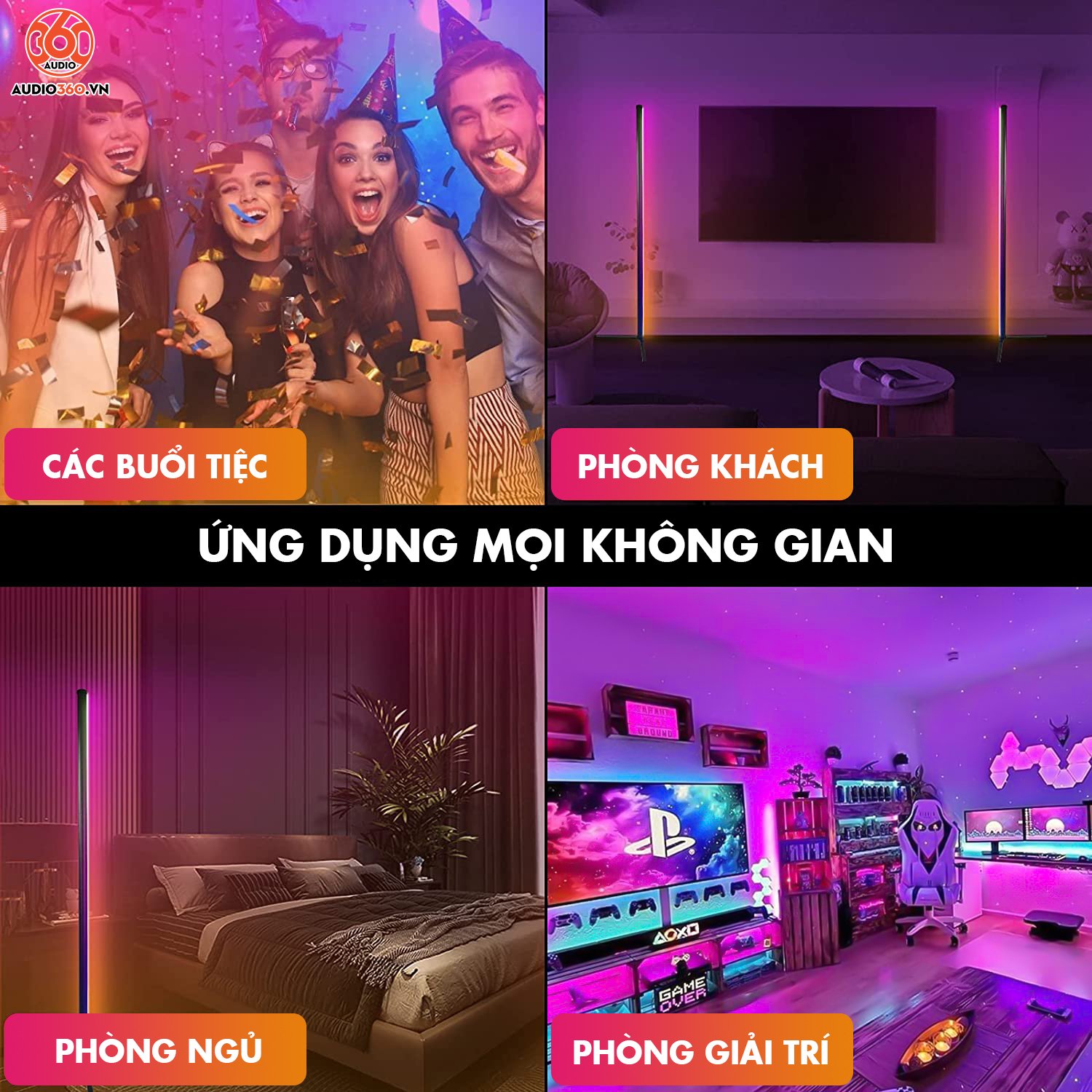 (Loại Xịn) Đèn LED góc tường RGB 16 triệu màu, cảm biến theo nhạc, 358 hiệu ứng, app xịn, remote, nhôm cao cấp, hẹn giờ
