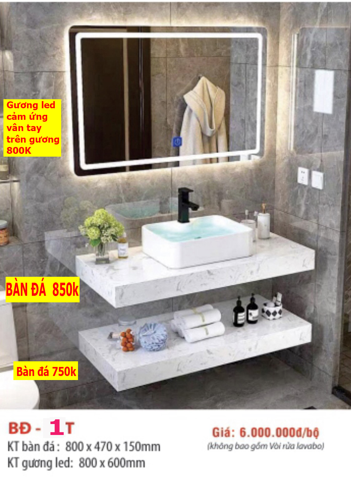 Combo chậu lavabo rửa mặt kèm bàn đá 2 tầng, kèm gương led cảm ứng vân tay, bộ lavabo tủ