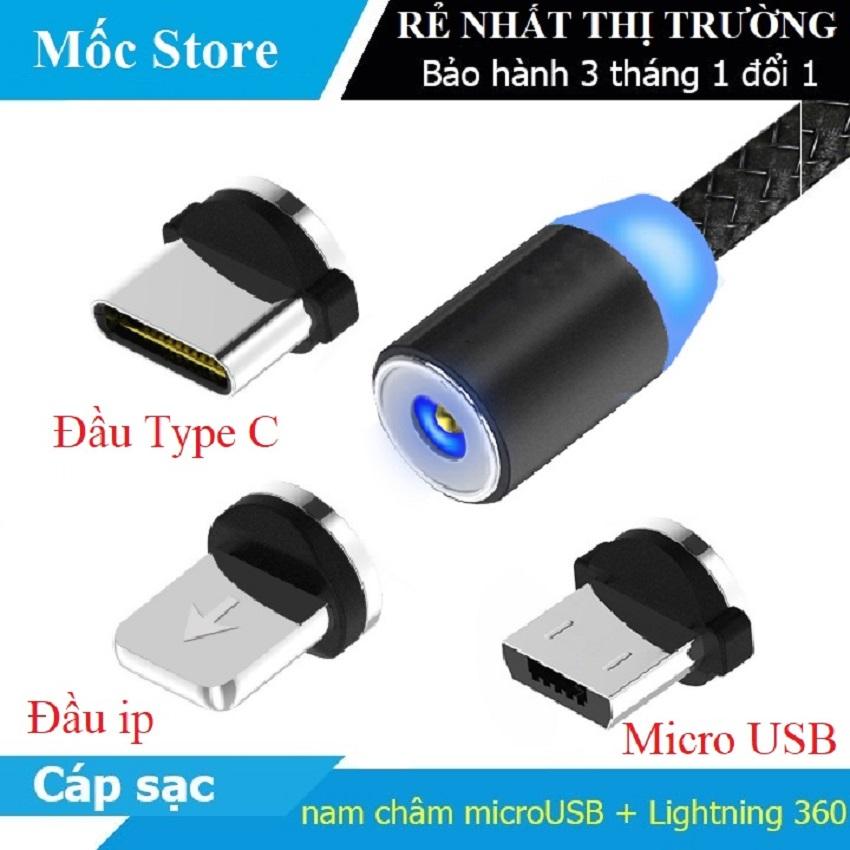 Cáp sạc nam châm 3 đầu Lightning Micro USB Type-C xoay tròn 360 độ có led dành cho điện thoại androi iphone Type C dây sạc nam châm cáp sạc lightning cáp sạc type c cáp sạc nam châm cáp sạc nhanh