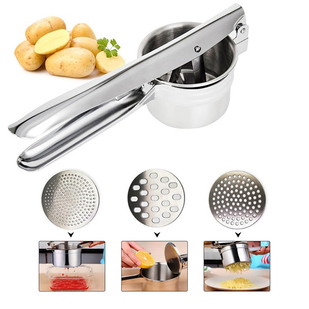 Khuôn làm bún, bánh lọt, bánh canh , nghiền khoai tây, ép củ quả kèm 3 vỉ ép inox
