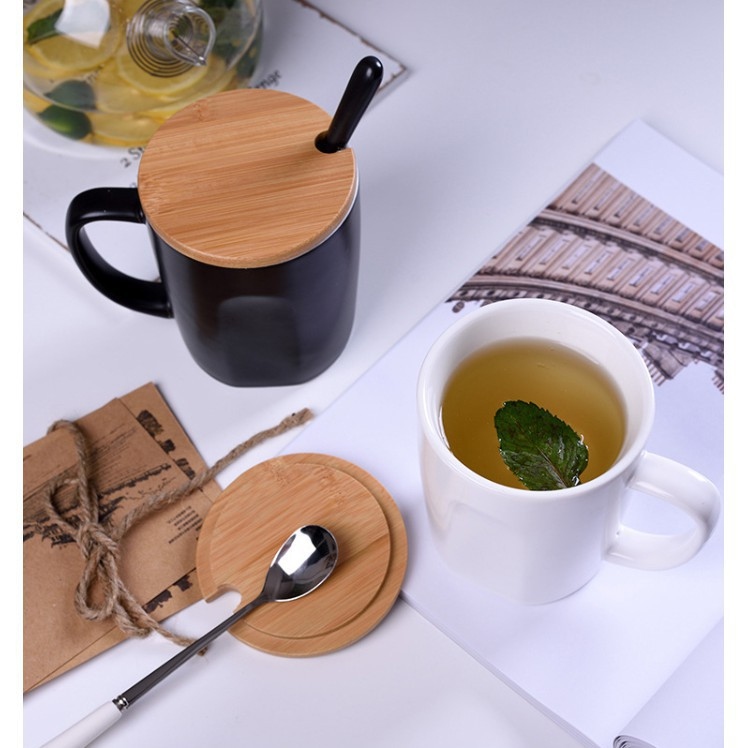 Cốc cà phê cốc uống trắng đen 500ml chất liệu gốm sứ cao cấp có nắp đậy và thìa pha cà phê pha trà