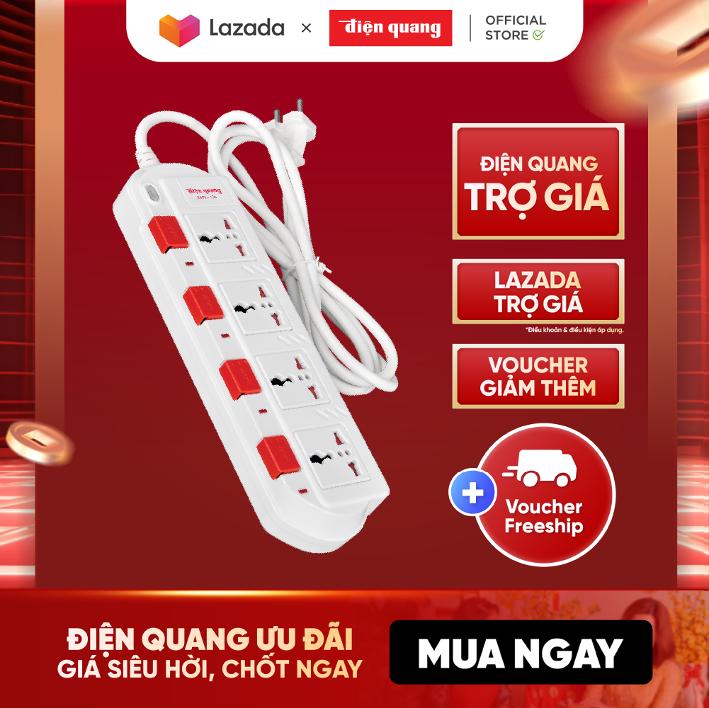 Ổ cắm Điện Quang ĐQ ESK 5W. SM740SL (4 lỗ 3 chấu dây 5 mét màu Trắng Đỏ)