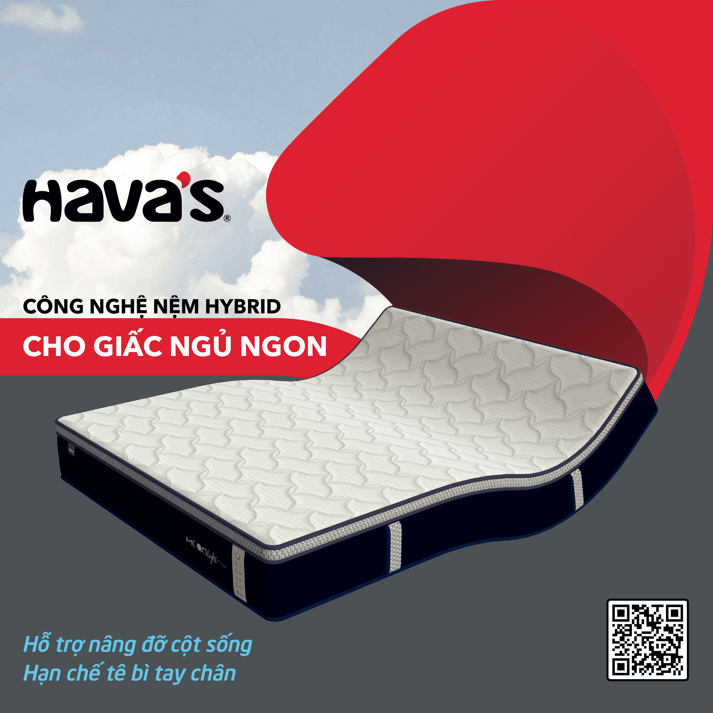 Havas | Nệm hybrid tiêu chuẩn Moonlight | Độ cứng mềm toàn diện | Kết hợp Lò Xo Túi và Silkfoam cao 