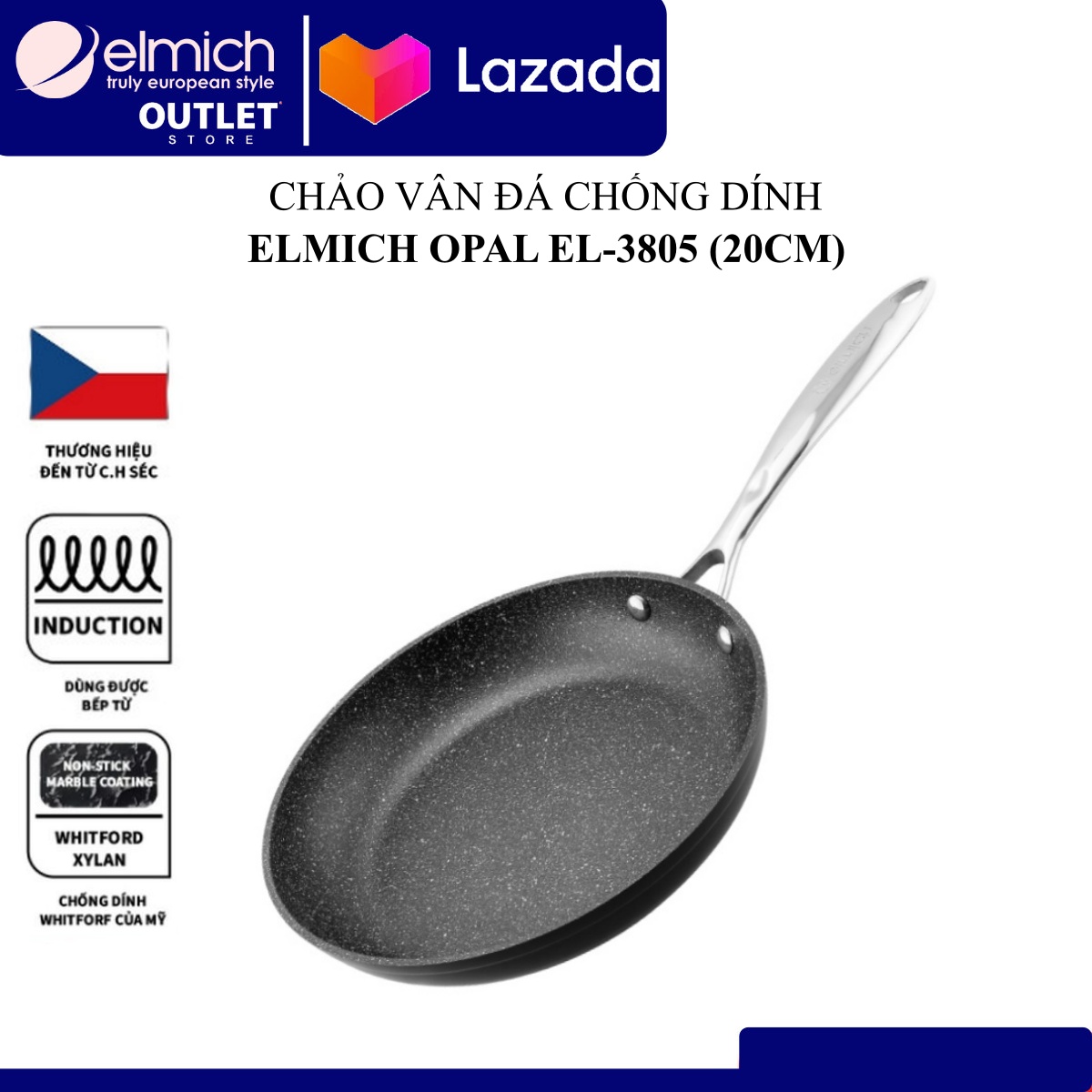 Chảo Chống Dính Vân Đá Đáy Từ Elmich Opal ( Size 20, 24, 26, 28cm)