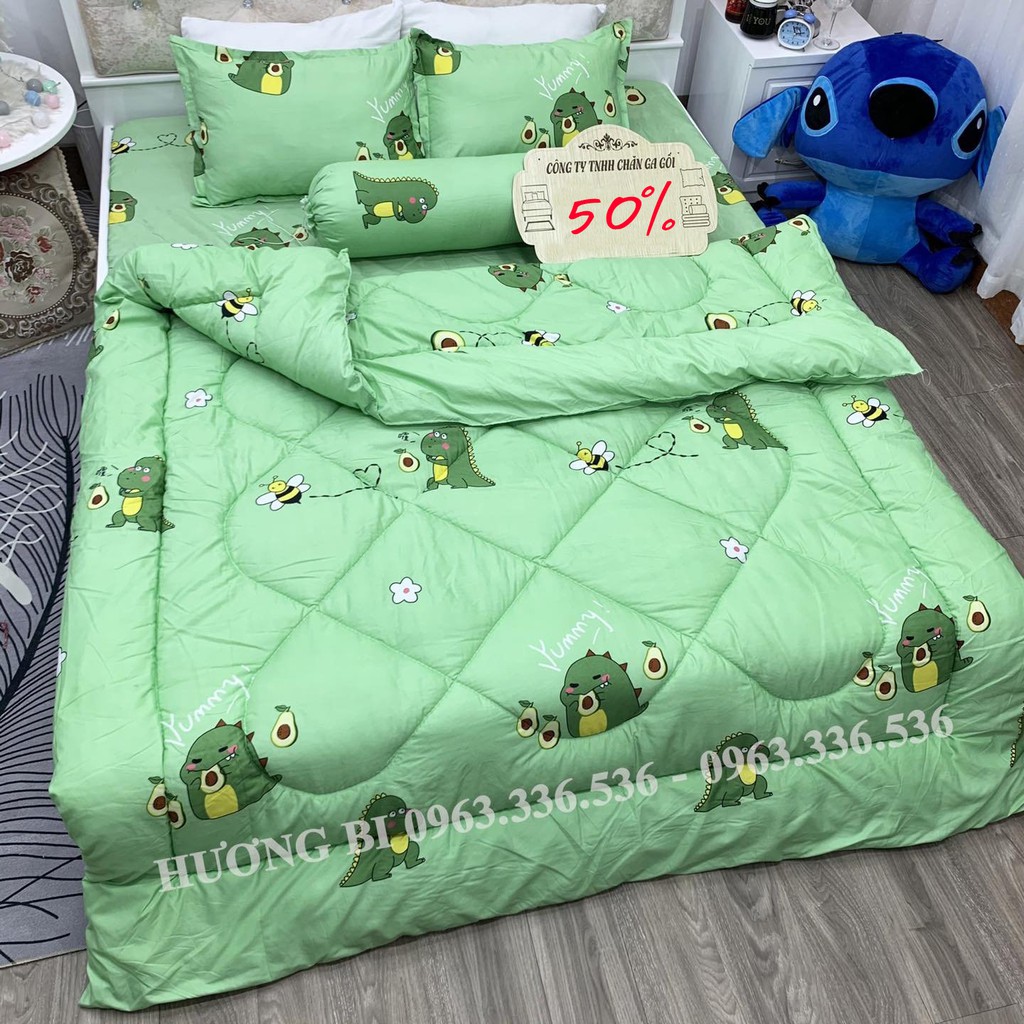 Bộ Chăn Ga Gối 5 Món Khủng Long Xanh 1m6x2m ( 1 Drap + 2 Vỏ Gối Nằm + 1 Chăn Hè + 1 Vỏ Gối Ôm ) Phối Họa Tiết Bắt Mắt- Sang Trọng - đường chỉ may vô cùng tinh tế chắc chắn phu kien giuong