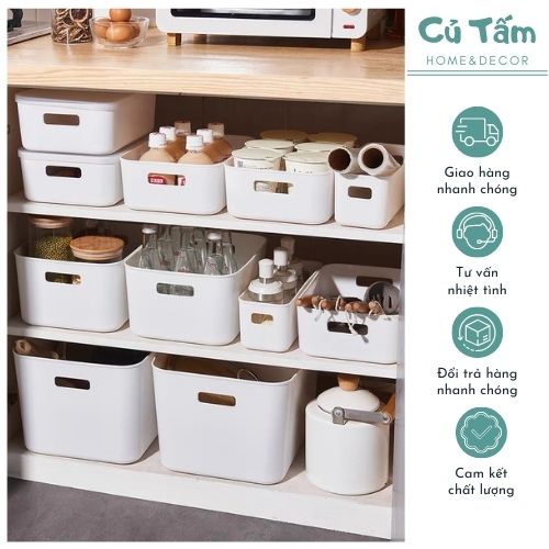 Hộp Nhựa Đựng Đồ Cỡ Lớn Màu Trắng Có Nắp Đậy, Khay nhựa để đồ xếp gọn đa năng - cutam.homedecor