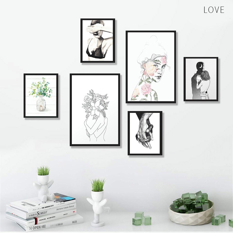 Bộ 6 Tranh treo tường chủ đề Tình yêu LOVE tối giản xinh xắn