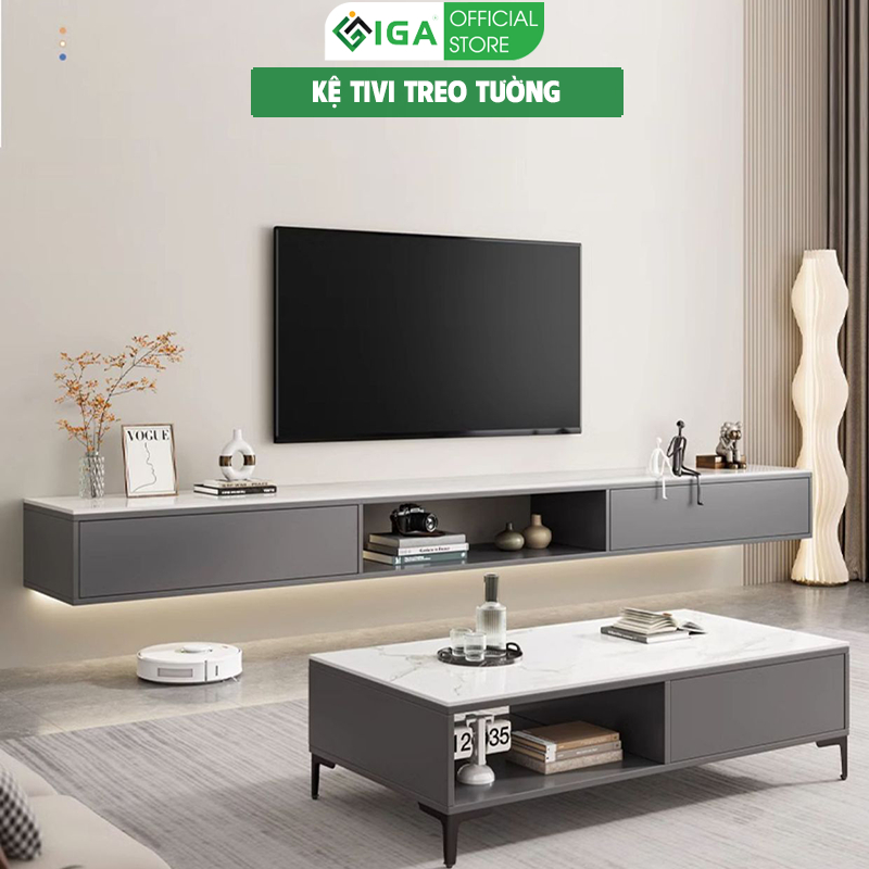  Kệ tivi treo tường cao cấp gỗ MDF phủ malamine màu vân đá sang trọng GP303 