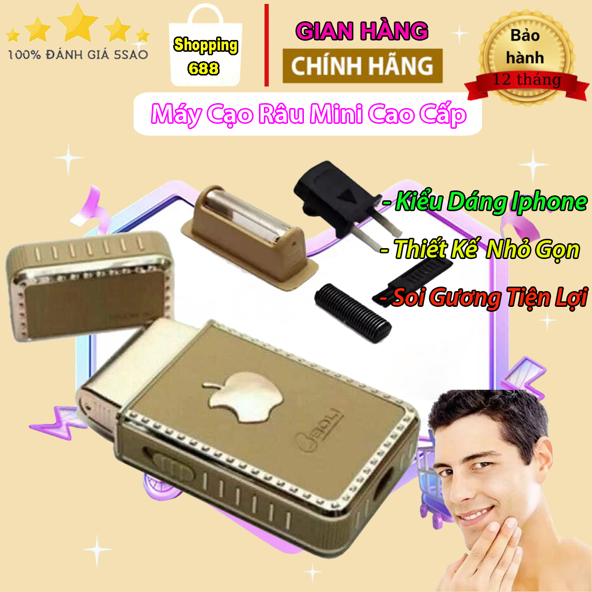 Máy cạo râu qủa táo boli rscw-a1, máy cạo râu mini, kiểu dáng iphone, logo hình qủa táo, máy cạo râu nam, có soi gương, nhỏ gọn tinh tế, cạo sạch mịn, tiện dụng hơn máy cạo râu xiaomi, philips, máy cạo râu đa năng, tông đơ cạo râu