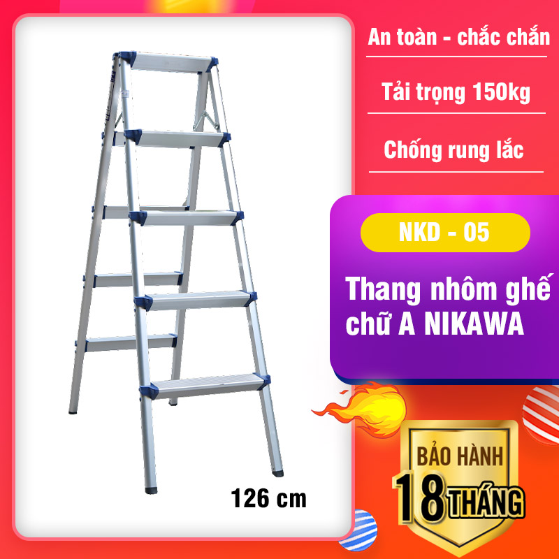Thang nhôm gấp chữ A 5 bậc Nikawa Gấp gọn Chắc chắn Tiết kiệm diện tích cất trữ Chân chống trượt Chiều cao tối đa 1.26m Bảo hành 18 tháng NKD-05