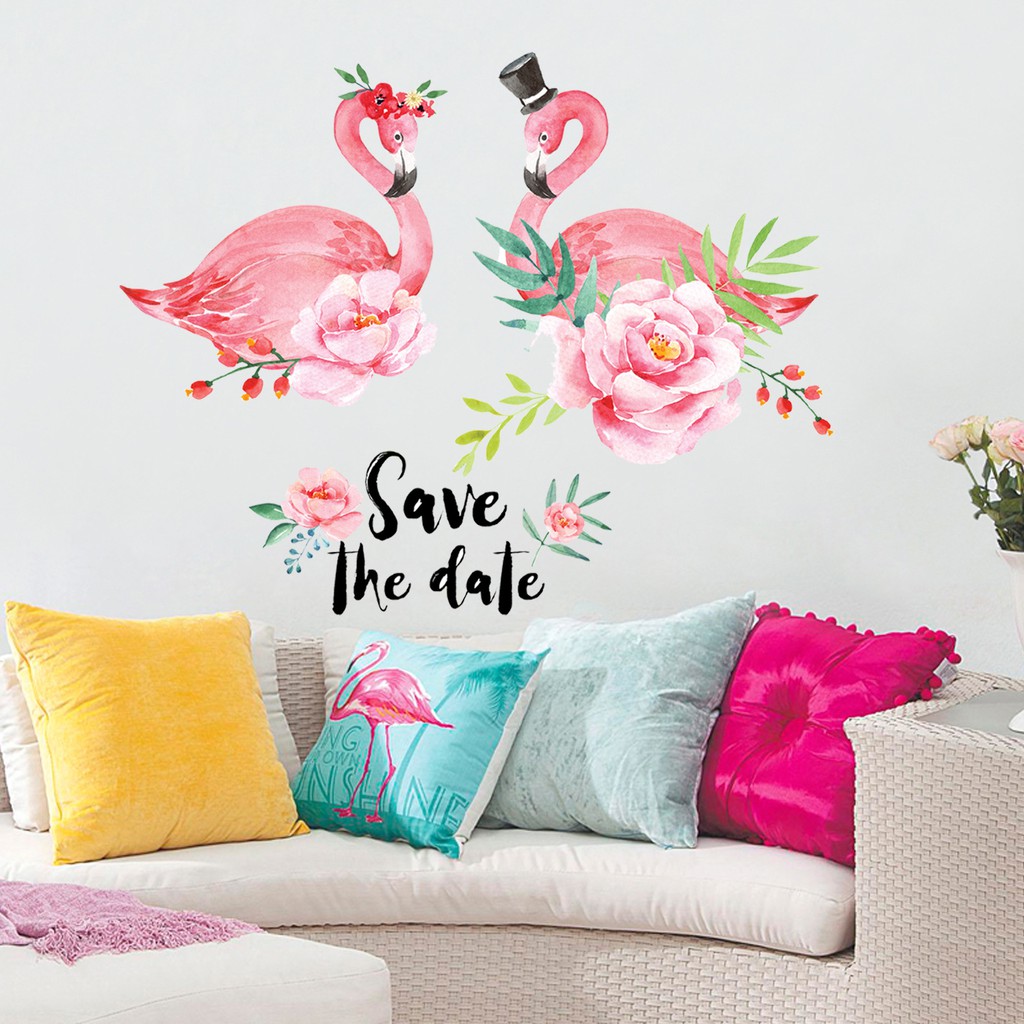 Decal dán tường đôi hạc hồng - Trah dán tường giấy dán tường đôi hồng hạc hạnh phúc