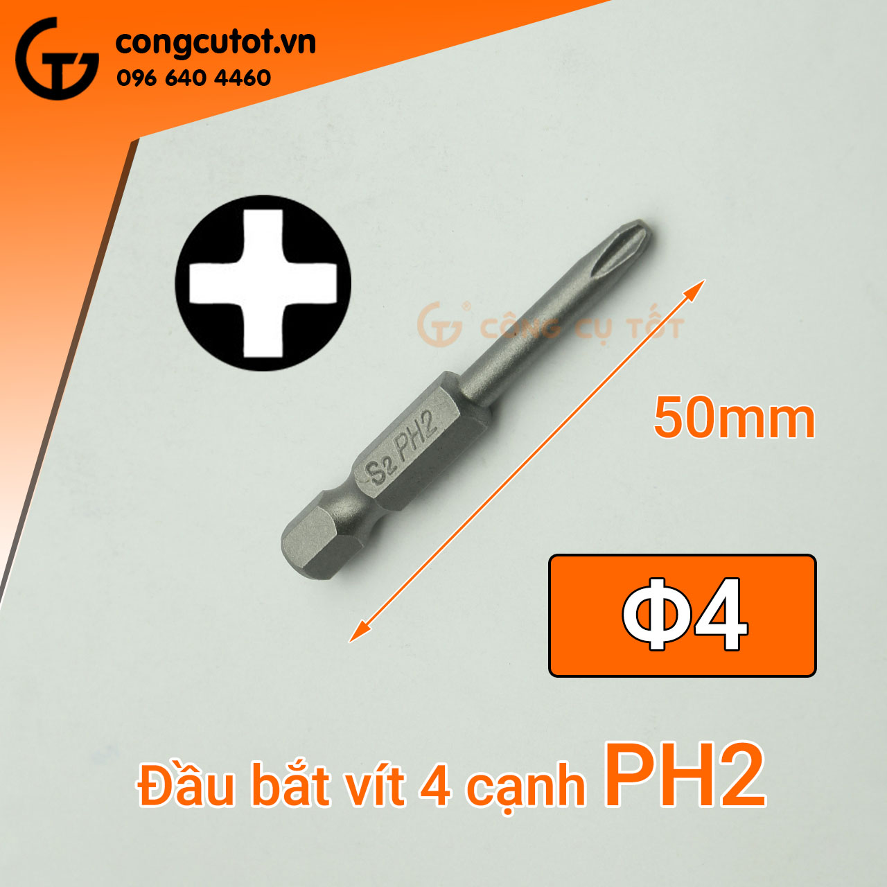 Đầu bắt vít 4 cạnh ph2 chuôi lục dài 50mm, 65mm, 75mm