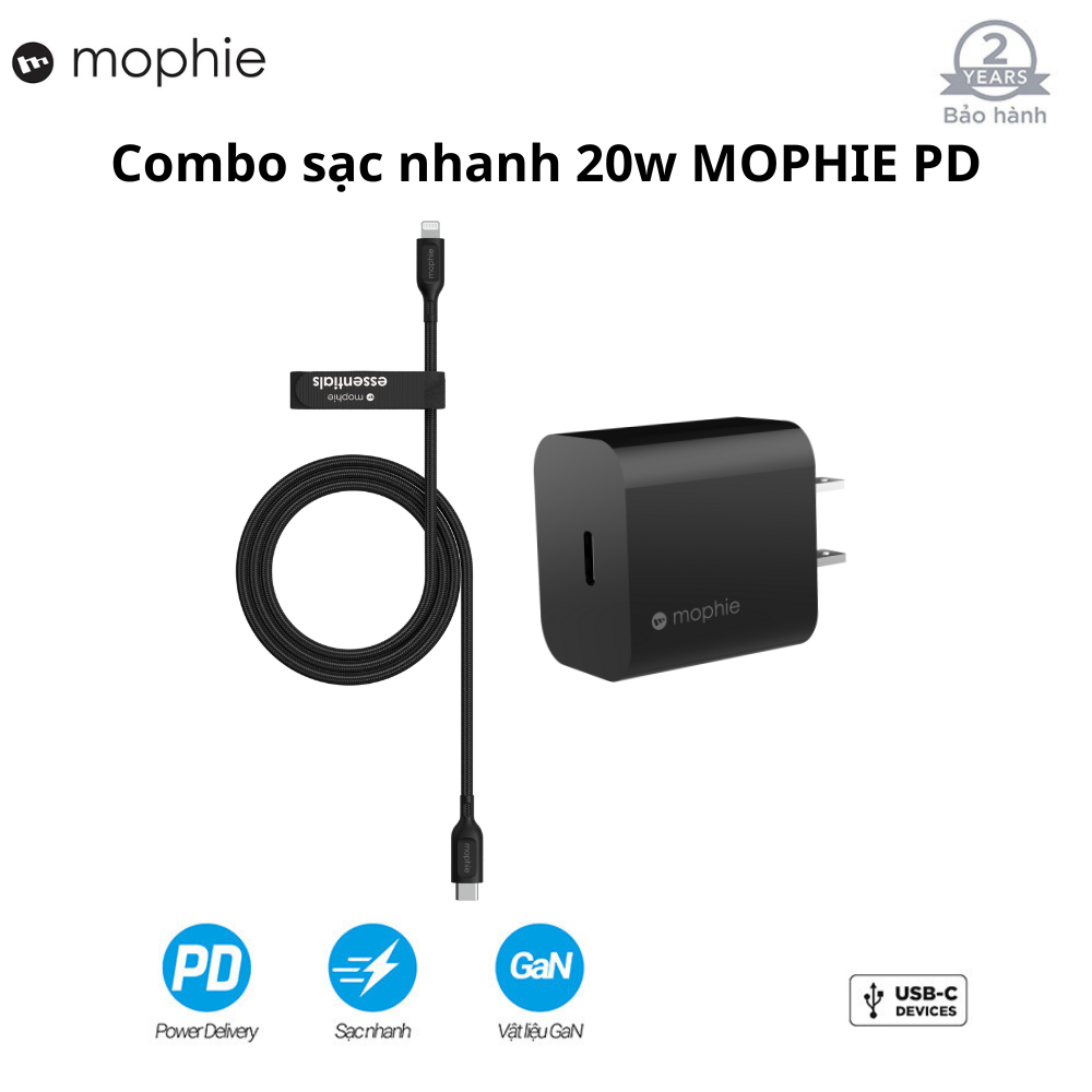 Combo cốc sạc Mophie 20w - dây cáp C to lightning Mophie Essentials 1M
