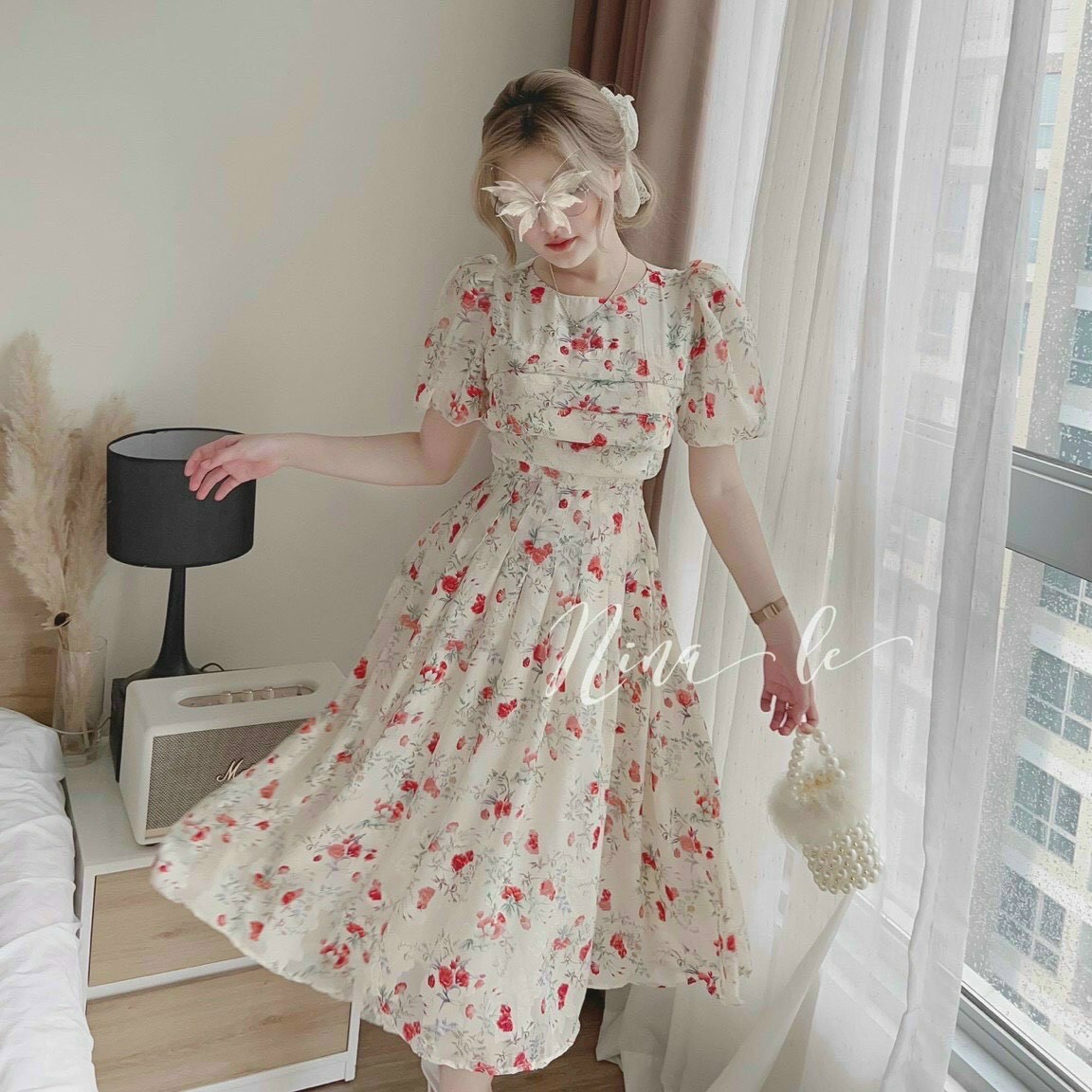 Sét đầm nữ ,đầm maxi voan hoa cổ cao tay lỡ xòe siêu xinh mtb