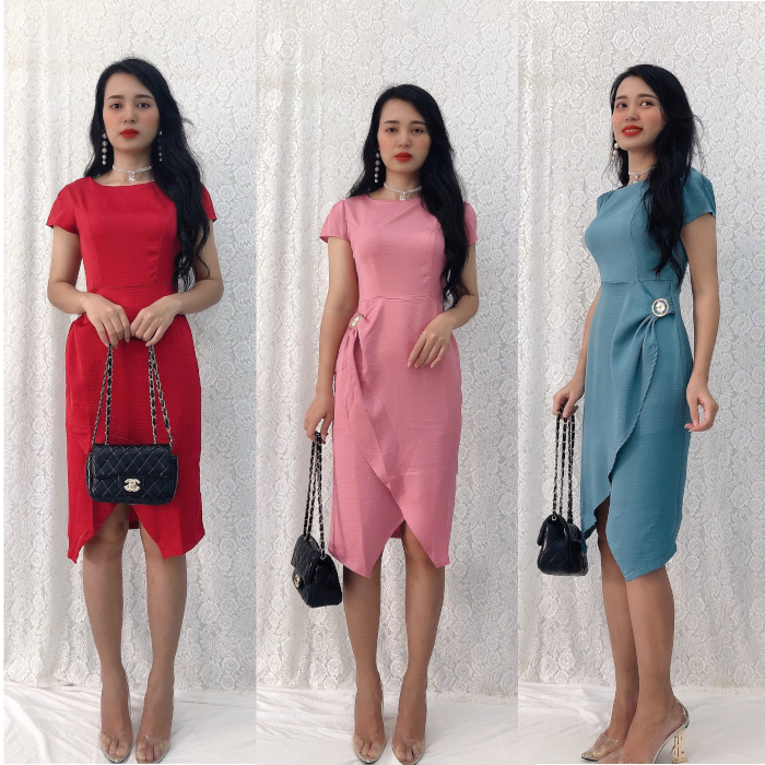[HCM]Đầm ôm suông dự tiệc Misa Fashion tùng đắp chéo cài hoa siêu xinh MS0132