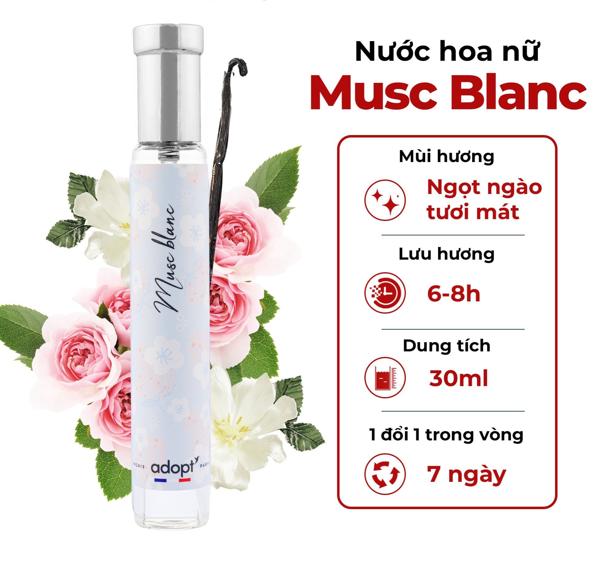 Nước hoa unisex thơm lâu chính hãng cao cấp của Pháp Adopt Musc Blanc 30ml lưu hương giữ mùi đến 8h