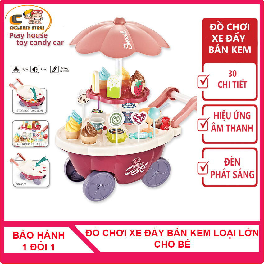 Đồ chơi xe đẩy bán kem loại lớn 30 chi tiết cho bé Children Store, có đèn phát sáng, có nhạc, 2 tầng, trục quay 360 độ, đồ chơi cho bé gái
