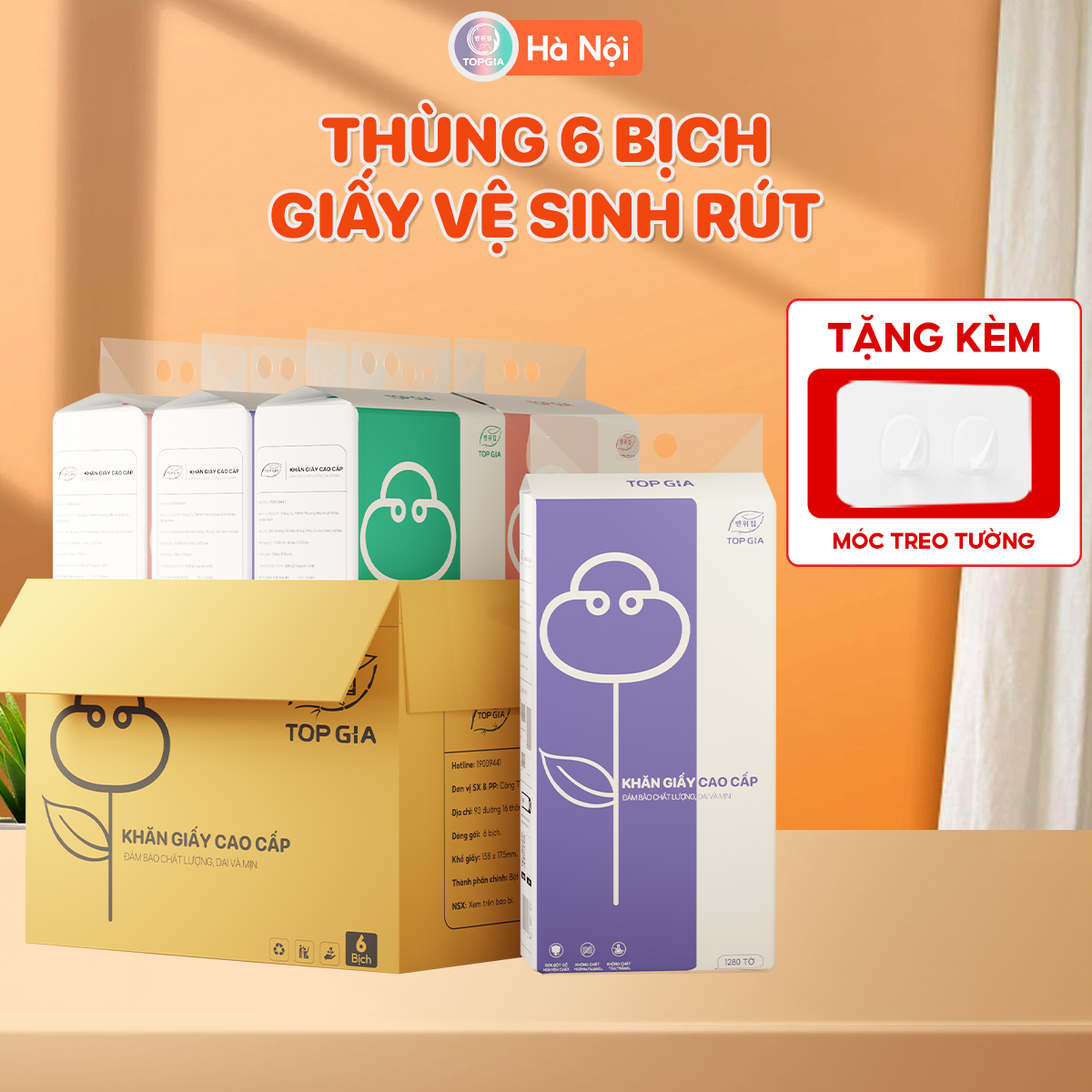 Thùng 6 bịch giấy vệ sinh treo tường Top Gia, khăn giấy làm từ bột gỗ nguyên chất, 1 bịch 1280 tờ 4 lớp dày dặn