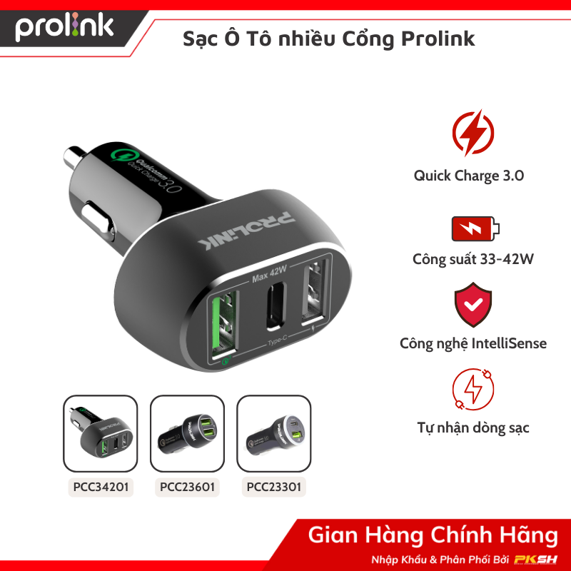 Cốc sạc ô tô 3 cổng 42w prolink pcc34201 - sạc nhanh qc3.0, sạc thông minh, tính năng an toàn sử dụng - hàng chính hãng