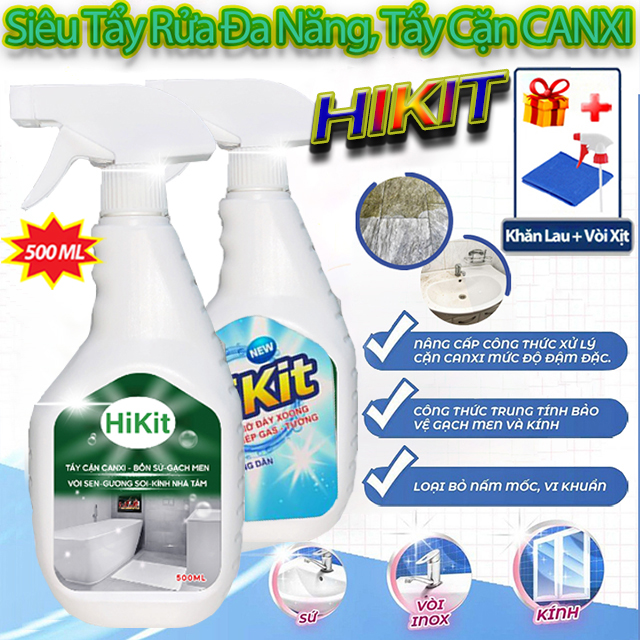 Tặng Xịt Khăn Nước Tẩy Đa Năng Tẩy Cặn CANXI HIKIT 500ml Vệ Sinh Bồn Sứ Gạch Men Kính Nhà Tắm Tẩy Dầu Mỡ Nhà Bếp