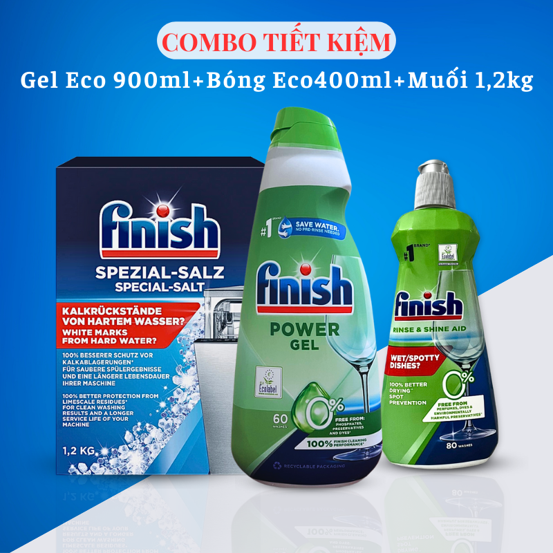 Combo Nước rửa bát Finish all in 1 hữu cơ 900ml+Nước làm bóng Finish 800ml+Muối Finish 1,2kg