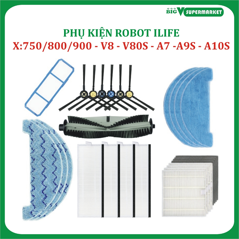 Phụ kiện khăn, giẻ, chổi cạnh, chổi chính, chổi giữa, lọc bụi, robot hút bụi ilife x750/x800/x900/v8/v8s/v80/a9s/a10s