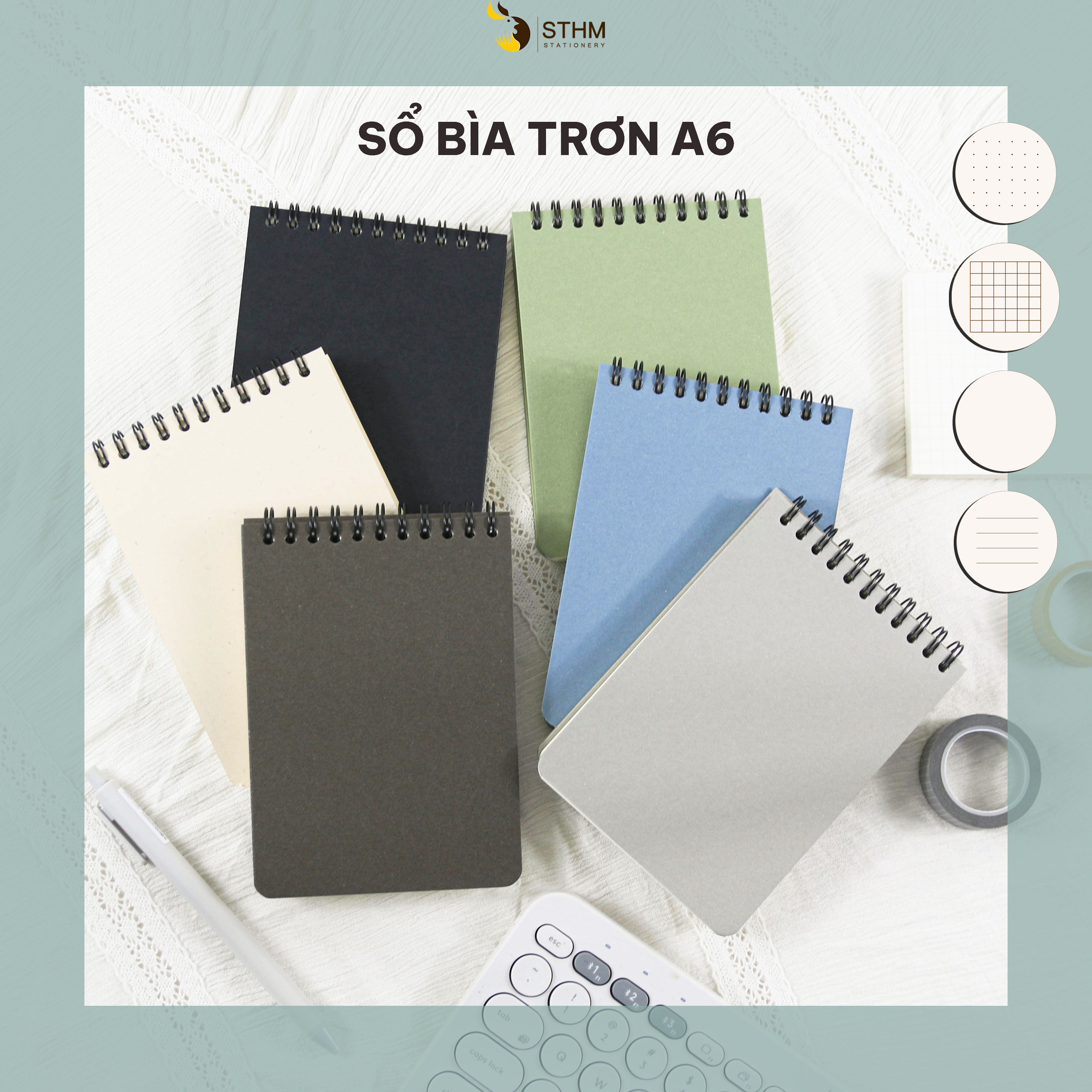 Sthm stationery - sổ bìa trơn a6 bìa dày 1mm - ruột kem 100gsm - gáy phía trên