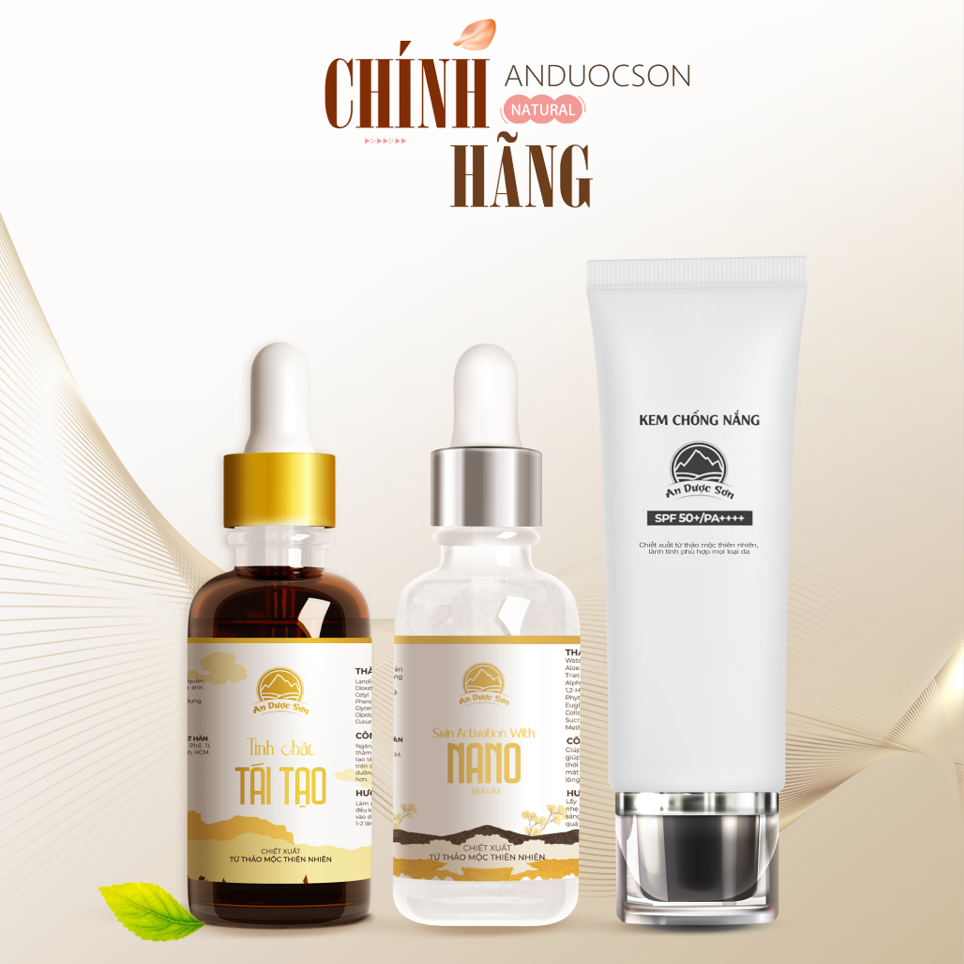 Combo xóa mụn, nám, sẹo rỗ, dưỡng da an dược sơn bao gồm serum tái tạo 30ml + serum nano 30ml + kem chống nắng 50g