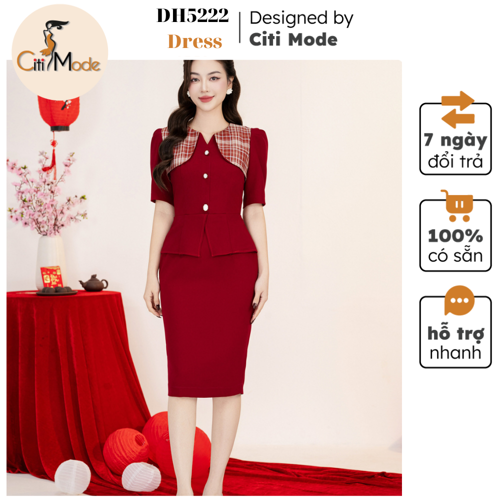 Đầm công sở CITI MODE FASHION thiết kế dáng ôm peplum đỏ phối hoạ tiết kẻ DH5222