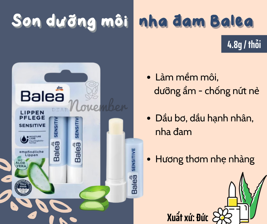 Son dưỡng môi Balea lô hội, 4.8g | Son dưỡng làm mềm cho môi nhạy cảm | Son chống nắng SPF 10, Chính hãng Đức Balea
