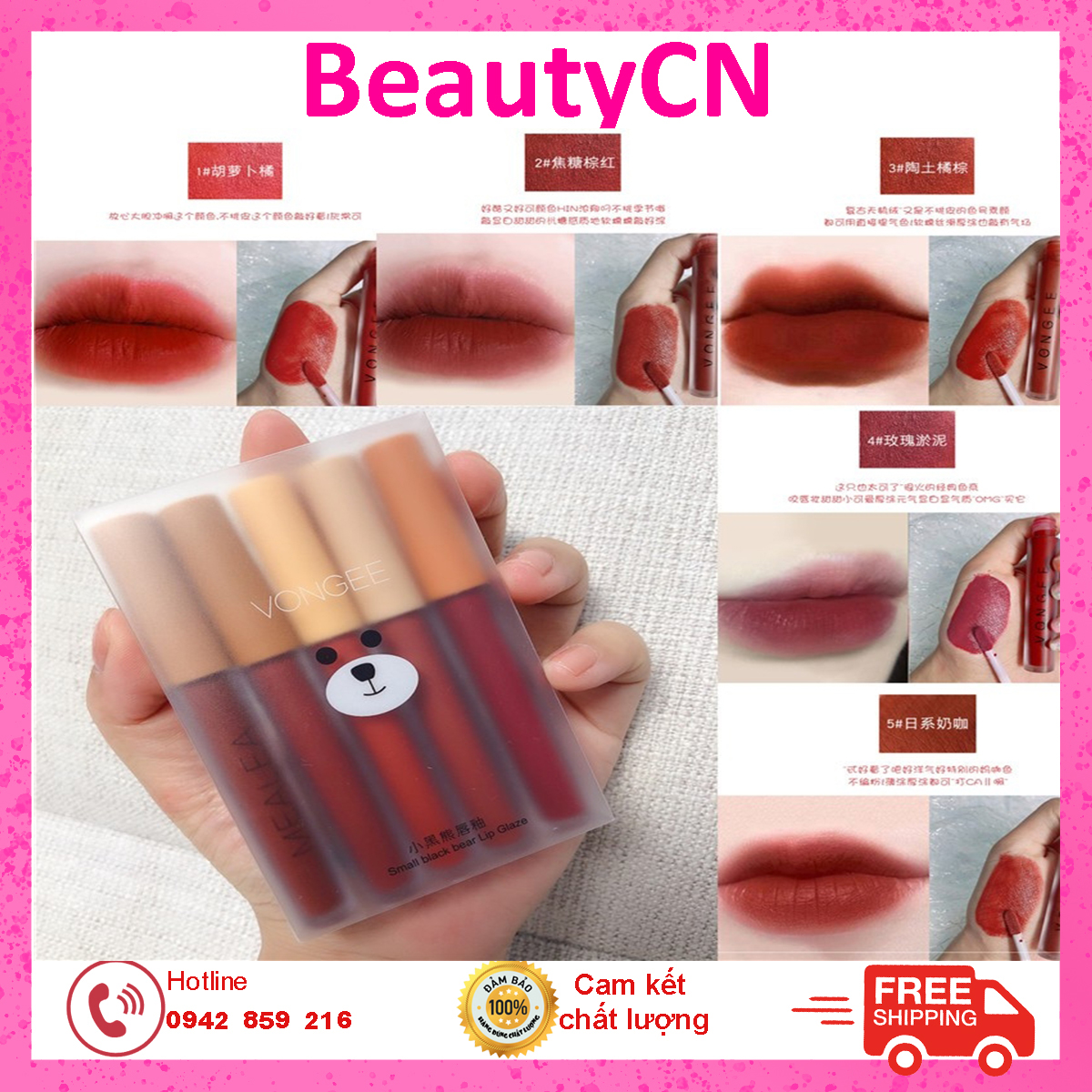 Set 5 cây vongee gấu son kem lì vongee mịn mượt như nhung và không khô môi - set son nội địa