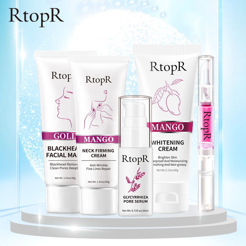 RtopR Bộ chăm sóc da tự nhiên với mặt nạ vàng đen+kem làm trắng da+kem dưỡng ẩm cổ+tinh chất thu nhỏ lỗ chân lông+huyết thanh môi từ hoa anh đào - INTL
