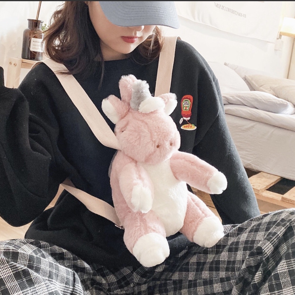 Ba lô gấu bông kiểu dáng kỳ lân unicorn dễ thương - túi đeo vai nhồi bông