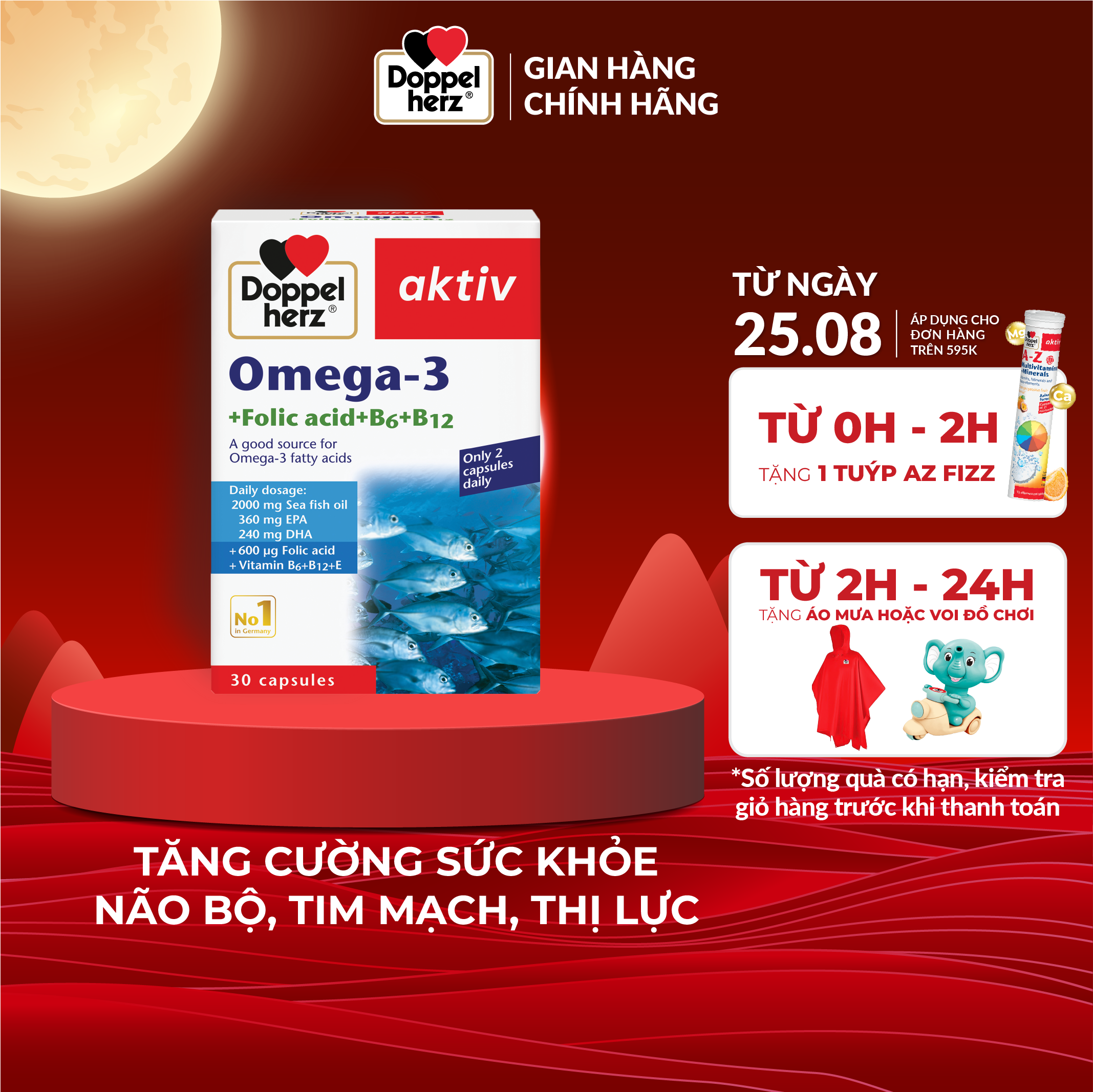 Viên dầu cá Doppelherz Omega 3 + Folic acid + B6 + B12 hỗ trợ tăng cường thị lực, tim mạch và não bộ (Hộp 30 viên)
