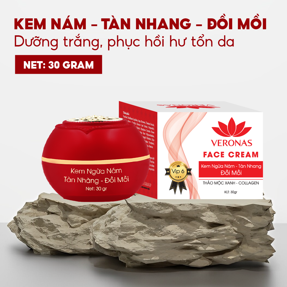 Kem ngừa nám tàn nhang đồi mồi dưỡng trắng da giúp mờ thâm thâm sạm lão hóa cung cấp vitamin tinh chất thảo mộc xanh collagen Veronas 30g - Global Khải Minh Cosmetics