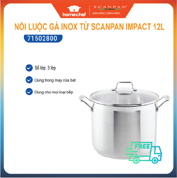 Nồi inox luộc gà scanpan impact 24/28cm, 7.2l/12l dùng bếp từ, thiết kế đáy 3 lớp truyền nhiệt nhanh và đều, inox 18/10 an toàn cho sức khỏe - 71502400/71502800